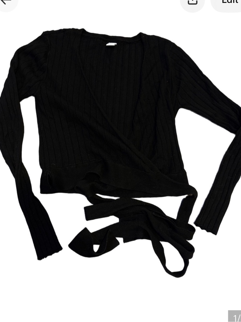 Twik Black Ribbed Knit wrap cardigan sweater